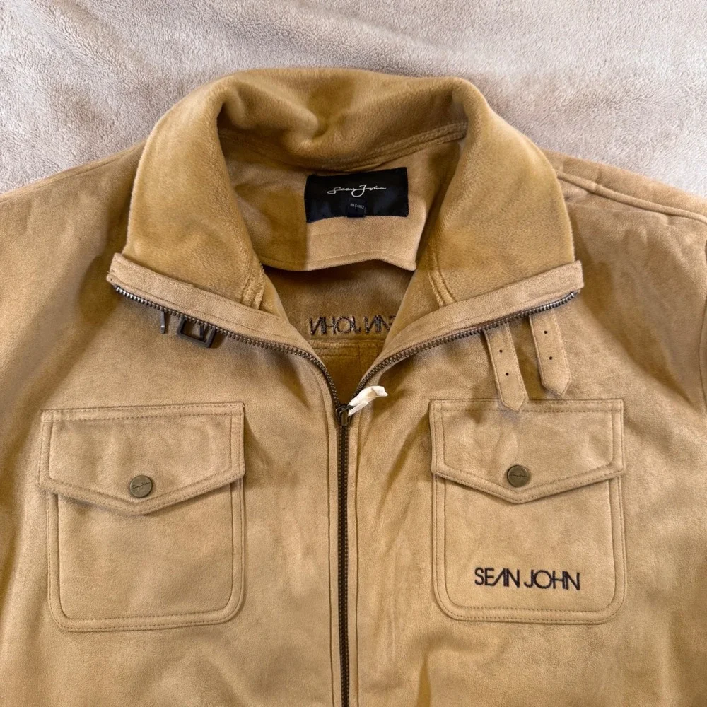 Sean John Tan Faux Suede Utility Bomber Jacket Streetwear Hip Hop Y2K Sz XXL